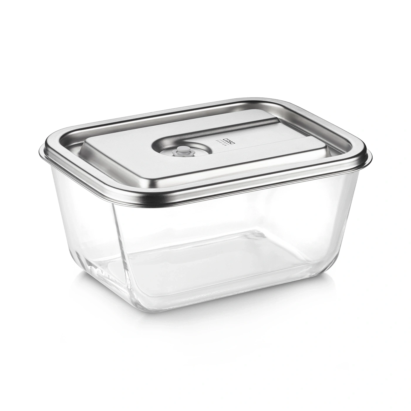 Récipient alimentaire en verre transparent avec couvercle en métal, idéal pour conserver les aliments.