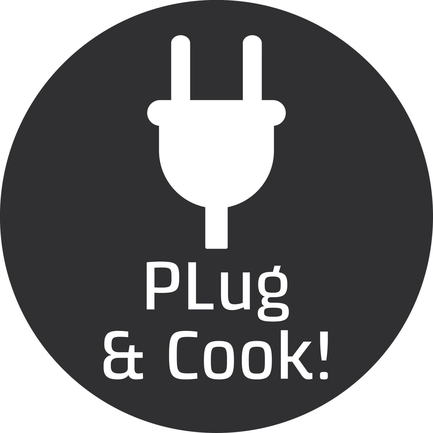 Une prise blanche avec le texte Plug & Cook sur fond sombre.