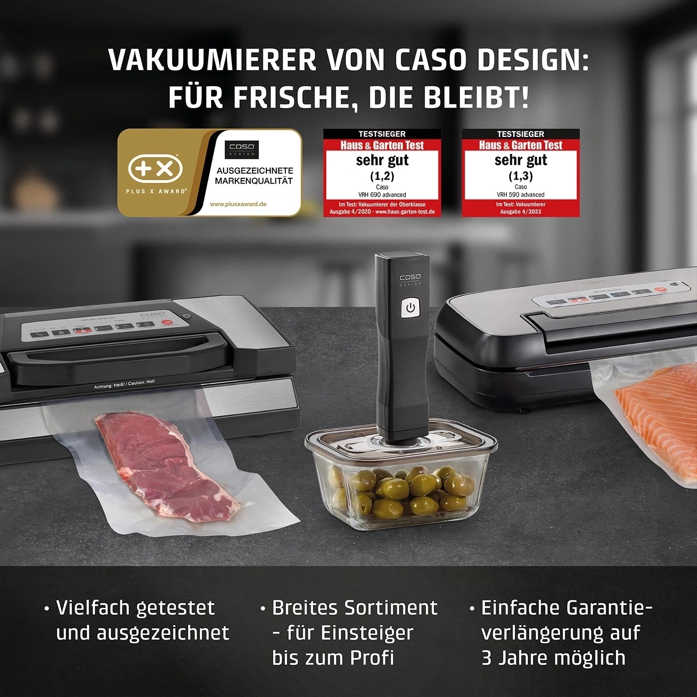 Scelleuses sous vide Caso Design pour aliments frais avec distinctions et tests.