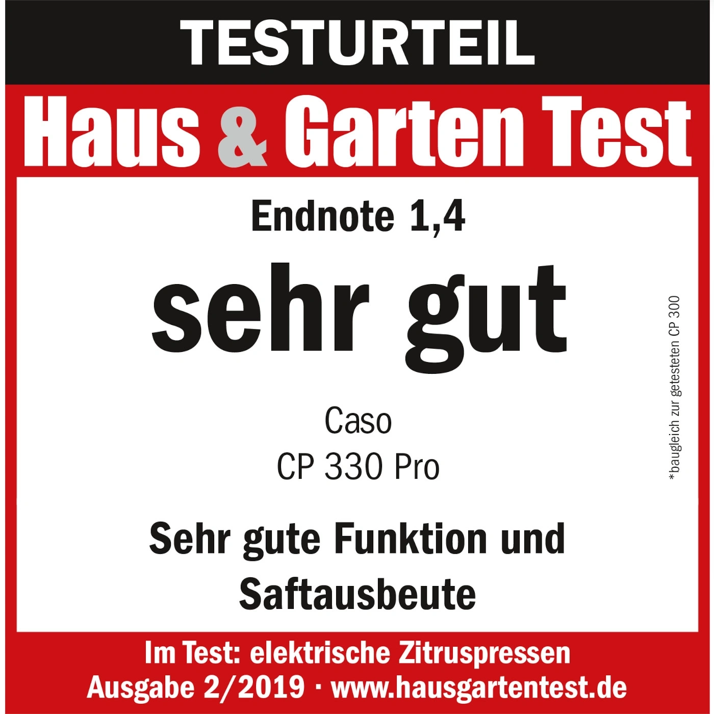 Résultat du test Haus & Garten Test, note 1,4, très bon, Caso CP 330 Pro, presse-agrumes électriques