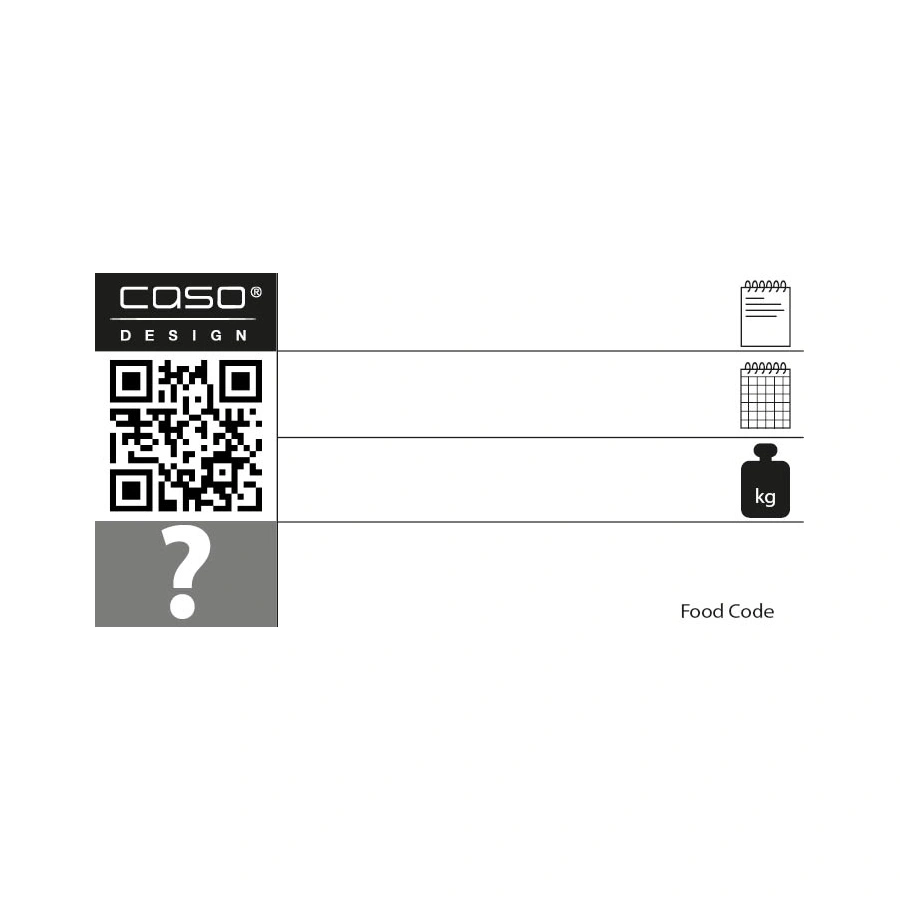 CASO Design logo, QR code, question mark, food code, kg symbol, diagrams