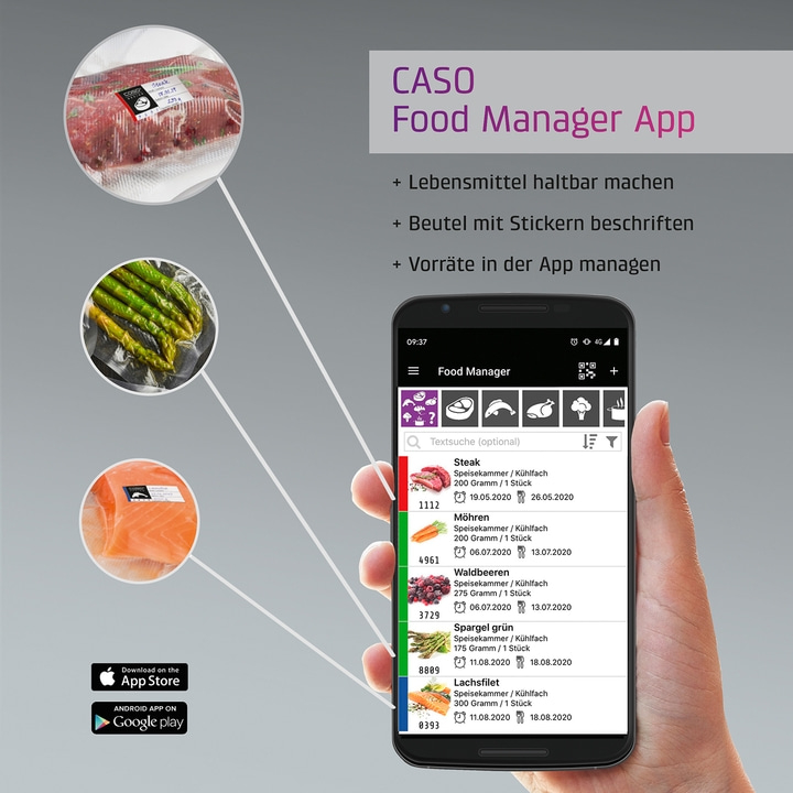 App zur Lebensmittelverwaltung mit Steak, Möhren, Beeren, Spargel und Lachsfilet.