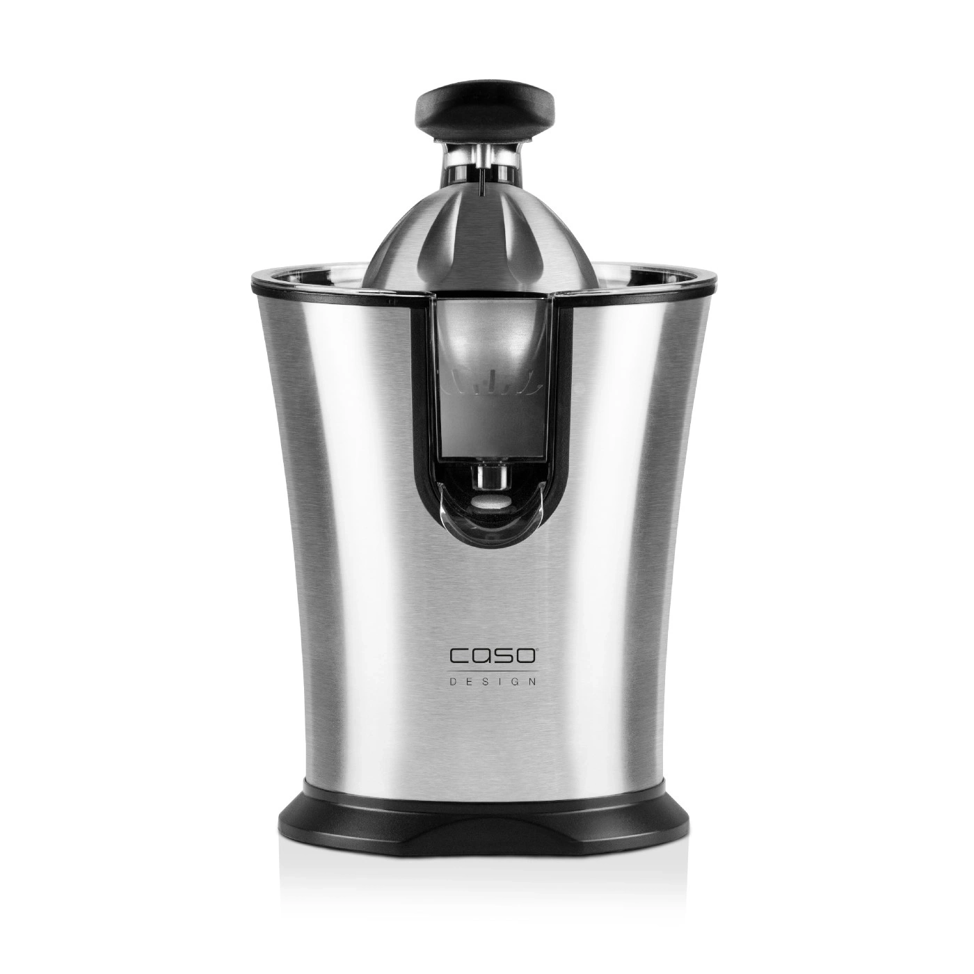 Presse-agrumes électrique en acier inoxydable avec base et poignée noires, Caso Design.