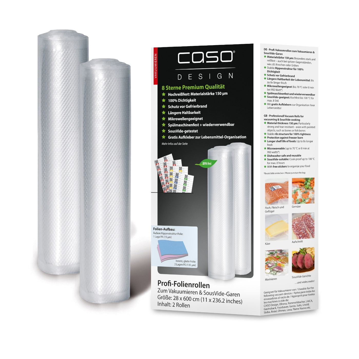 Vacuum rolls for vacuuming and SousVide cooking, 2 rolls, 28x600cm, 150µm material thickness