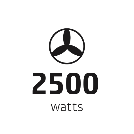 Fan symbol with 2500 watts power, black on black background.