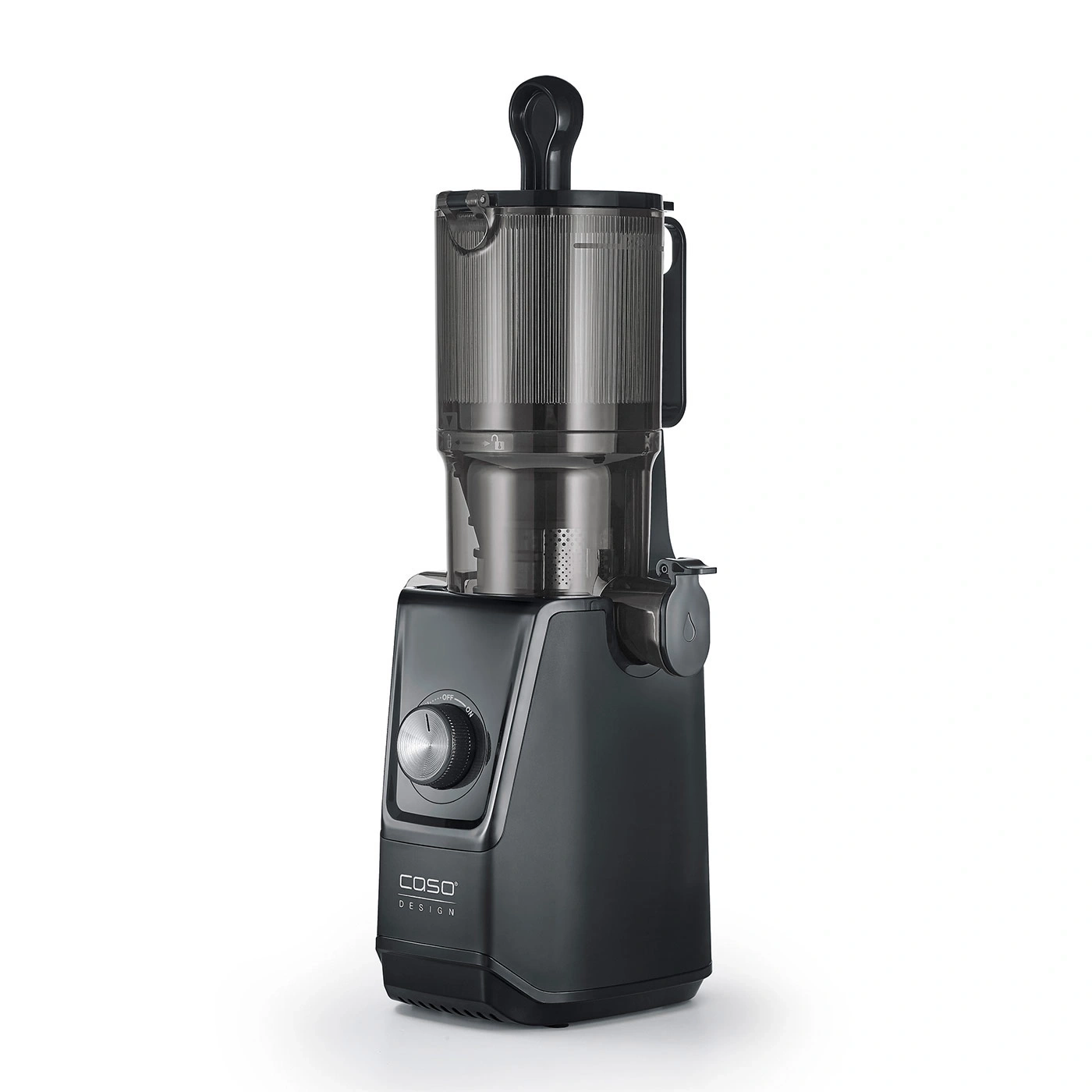 Black juicer with knob and COSO Design logo on white background