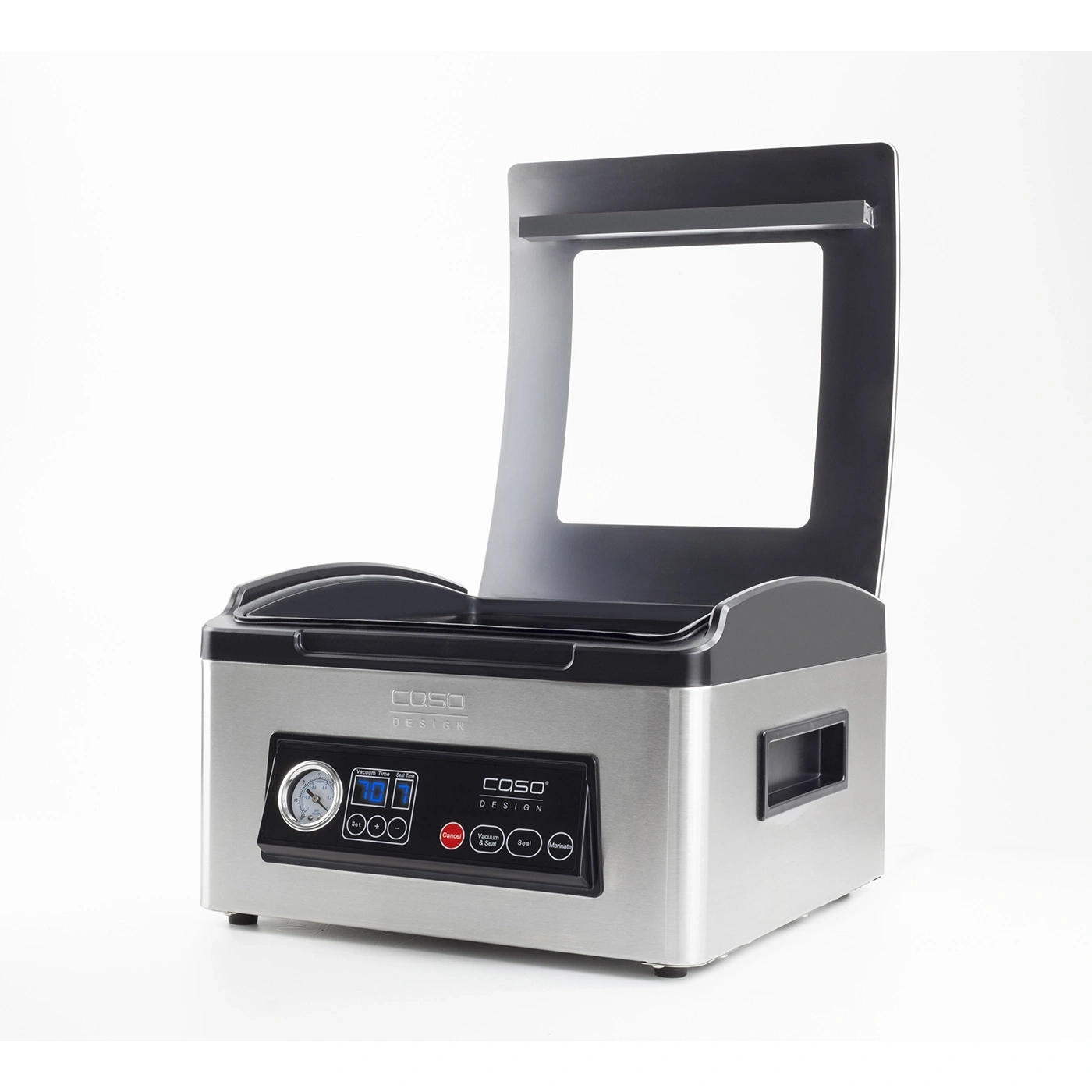 A silver vacuum sealer machine with its lid open and a digital display.