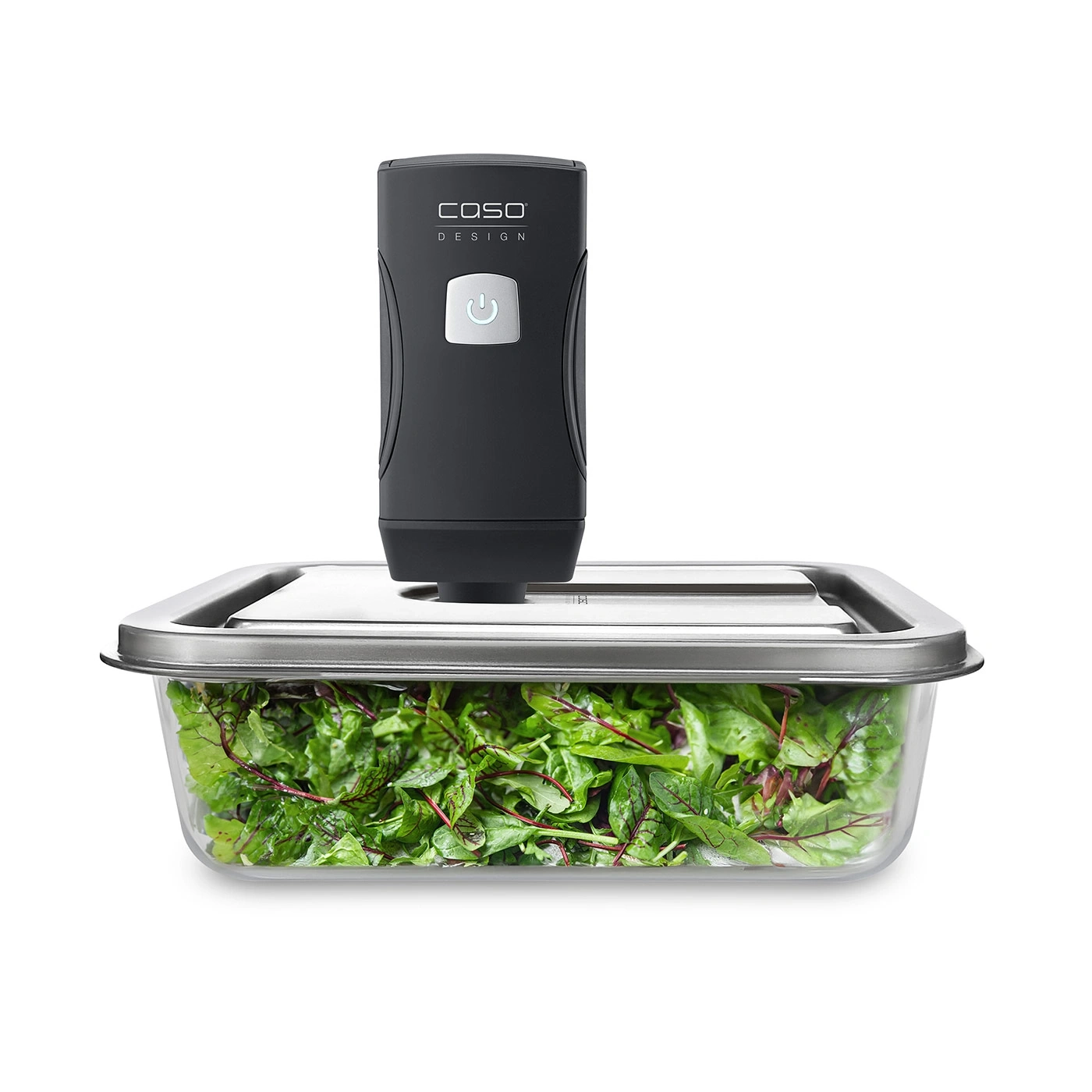 Vacuum sealer with salad in glass container, COSO Design, food storage, kitchen appliance