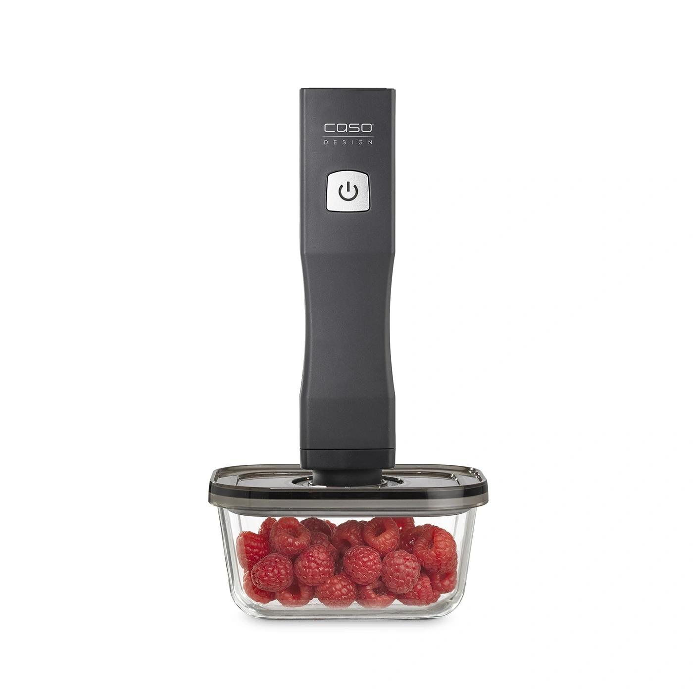 Vacuum sealer with raspberries in a glass container, Caso Design.