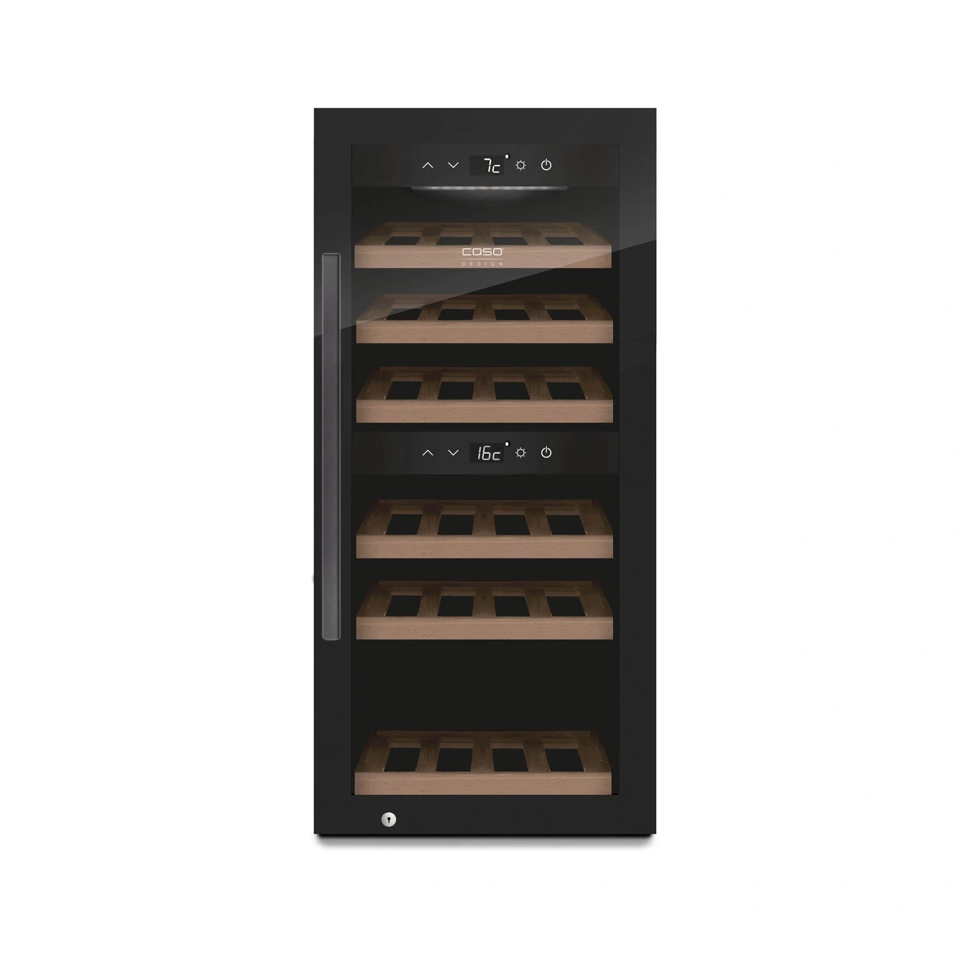 Weinkühlschrank mit Holzregalen und Temperaturanzeige, schwarz, Caso Design.