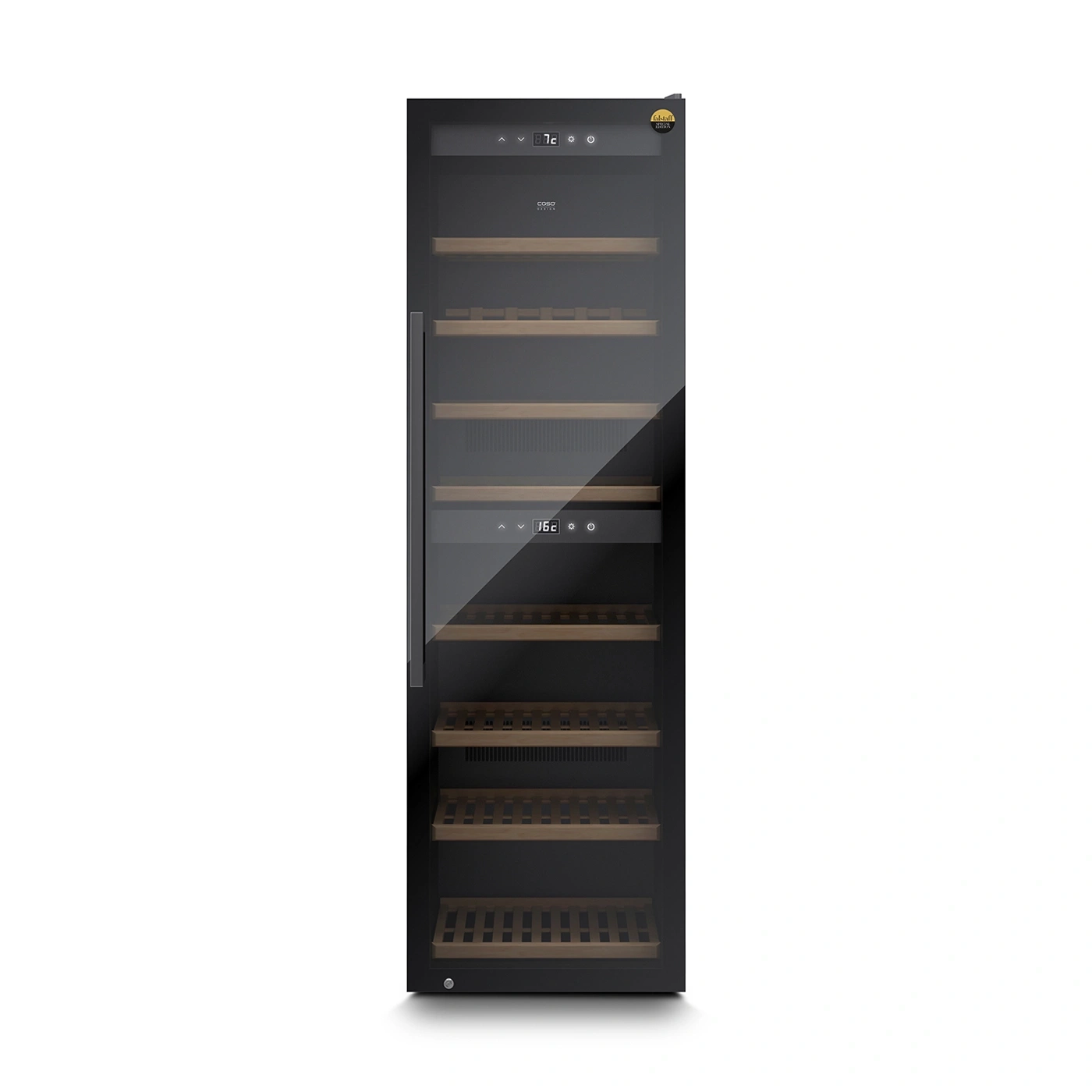 Ein schwarzer Weinkühlschrank mit Glastür und Holzböden.