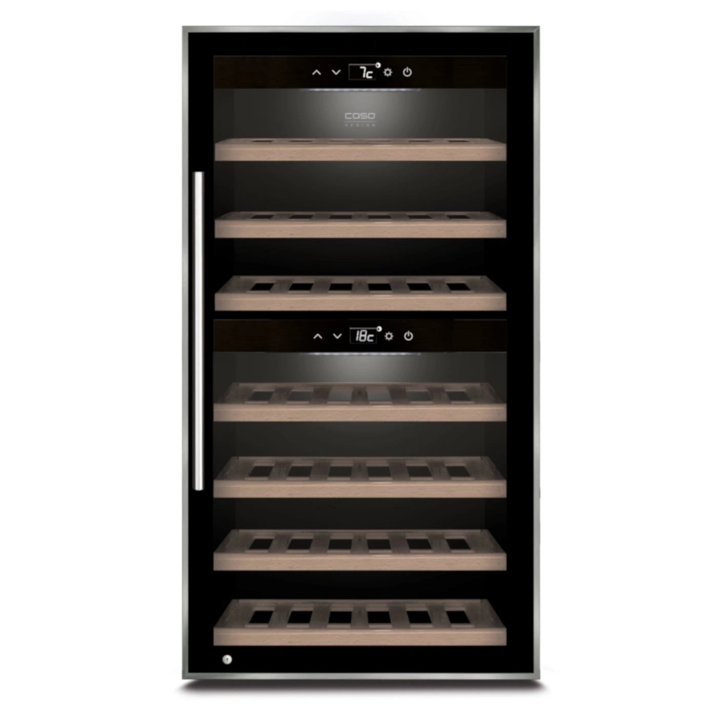 Weinkühlschrank mit Holzregalen und Temperaturanzeige, schwarz