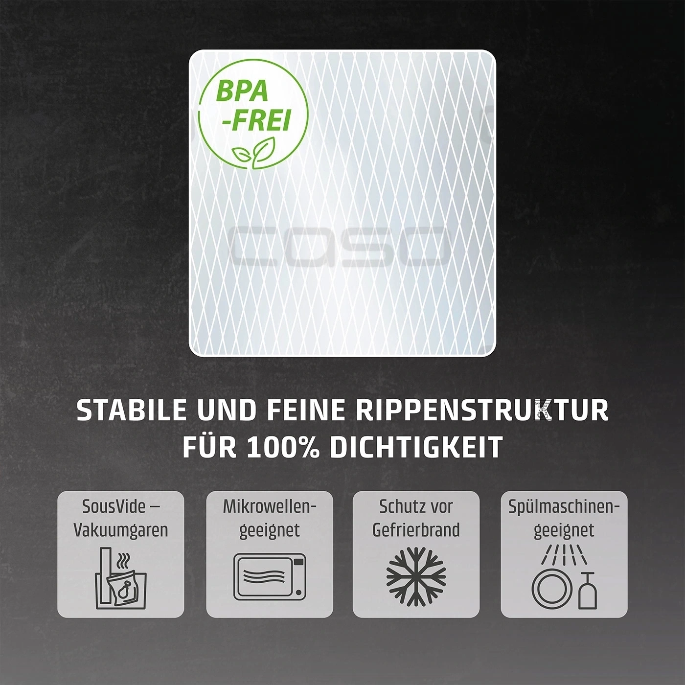 Sans BPA, structure nervurée stable et fine pour une étanchéité à 100 %, convient pour Sous Vide, micro-ondes, protection contre le gel, lave-vaisselle.
