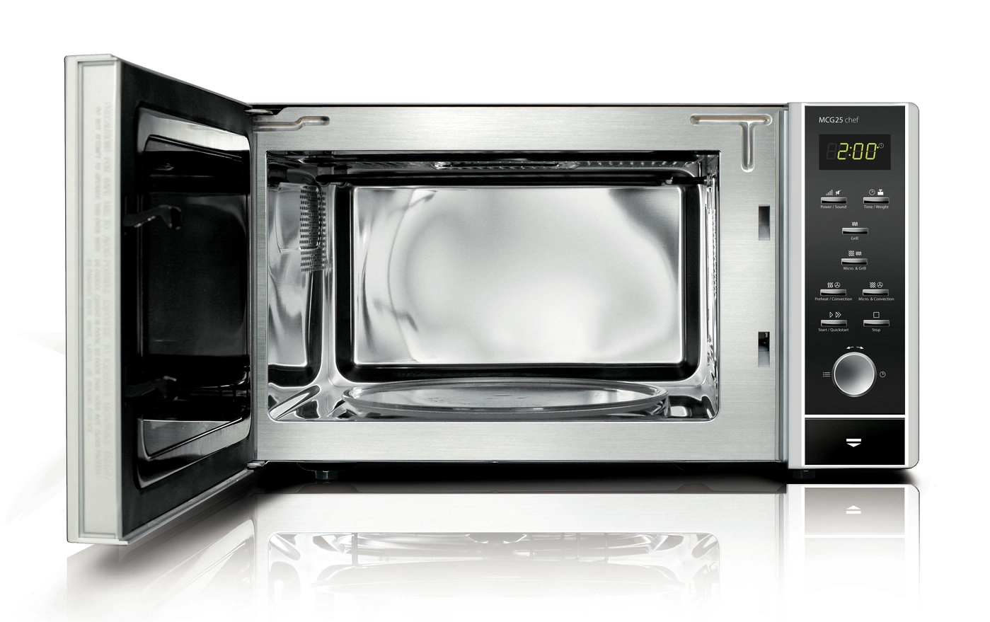 Micro-ondes avec porte ouverte, panneau de commande, acier inoxydable, cuisine, appareil, nourriture, cuisson