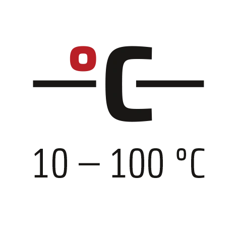 Plage de température de 10 à 100 degrés Celsius, noir et rouge.
