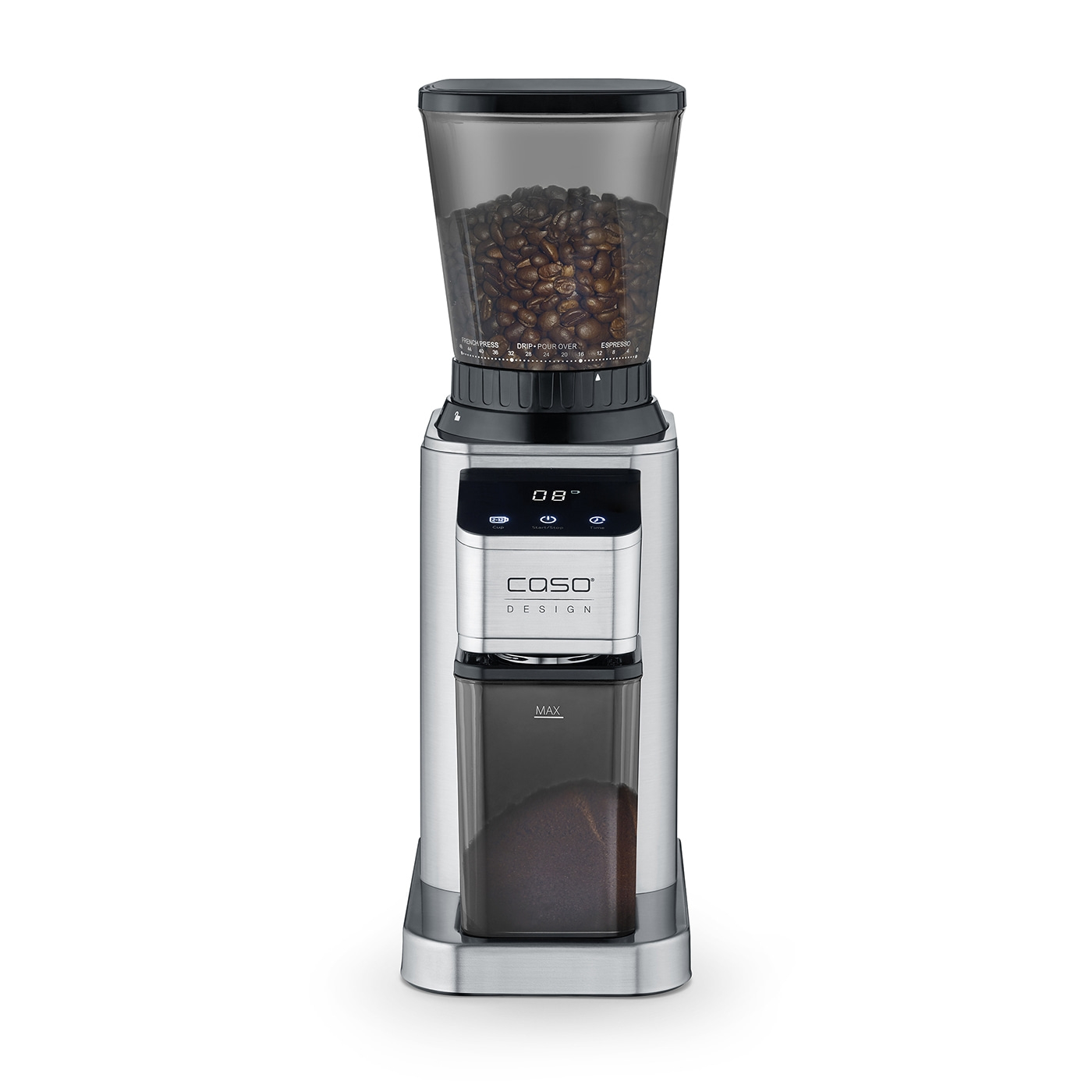 Kaffeemühle mit Bohnen, digitalem Display und Mahlgradeinstellungen.