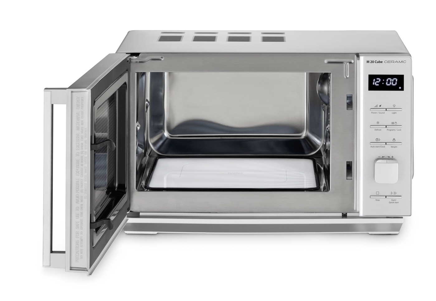 Microwave with open door, control panel, and digital display showing the time.