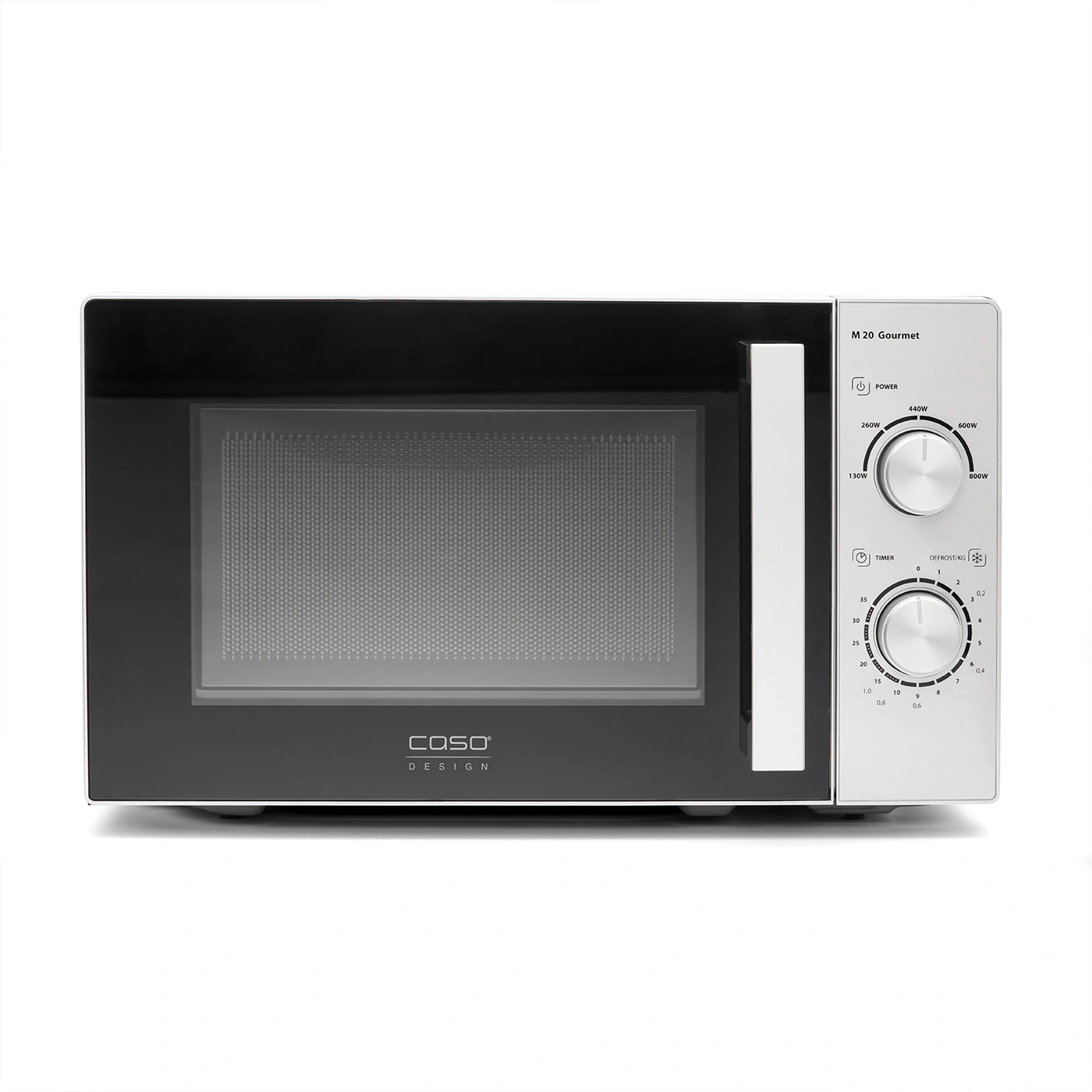Micro-ondes Caso M 20 Gourmet, panneau de commande, minuterie, réglages de puissance, design, appareil de cuisine.