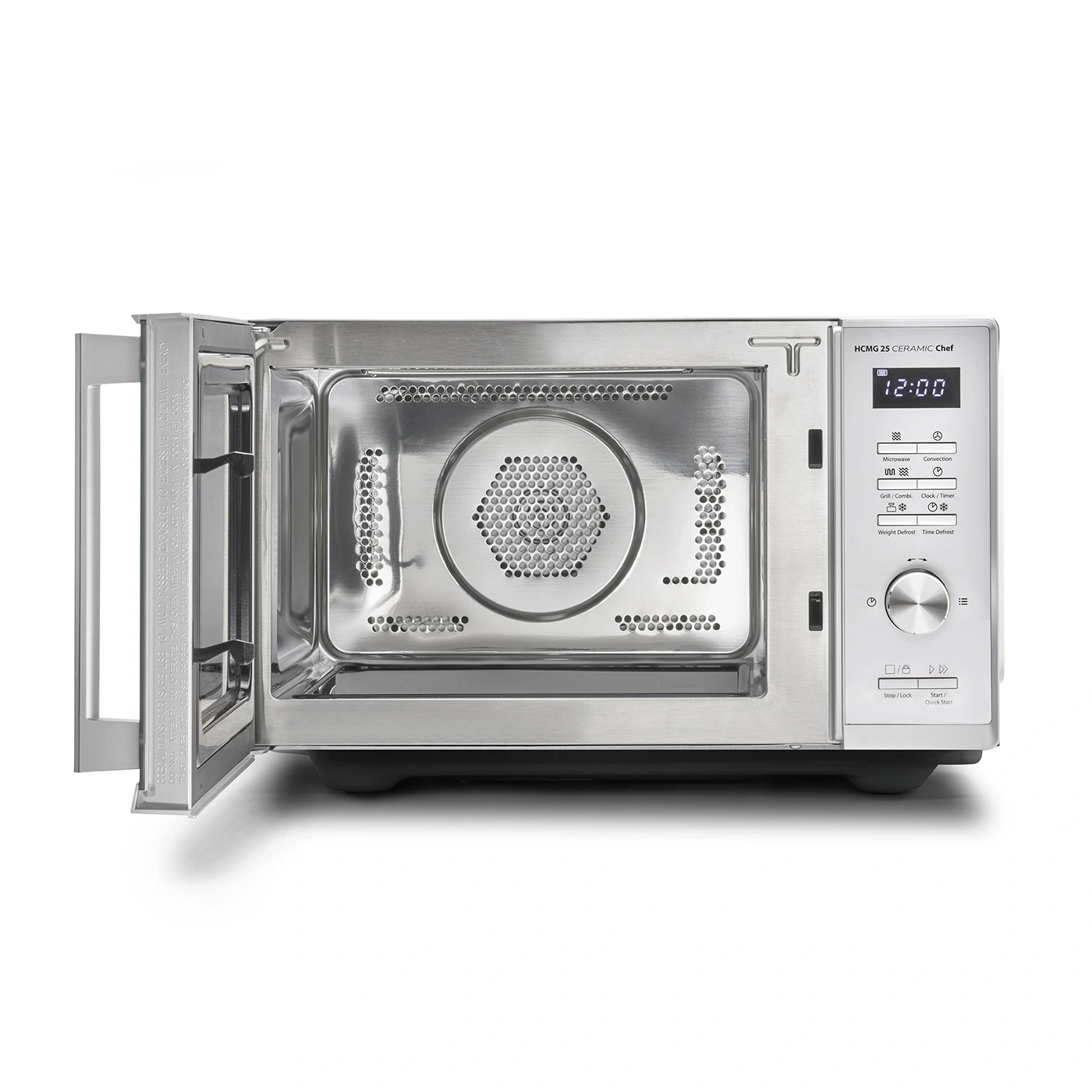 Four à micro-ondes avec porte ouverte, panneau de commande, horloge, fonctions de cuisson, acier inoxydable