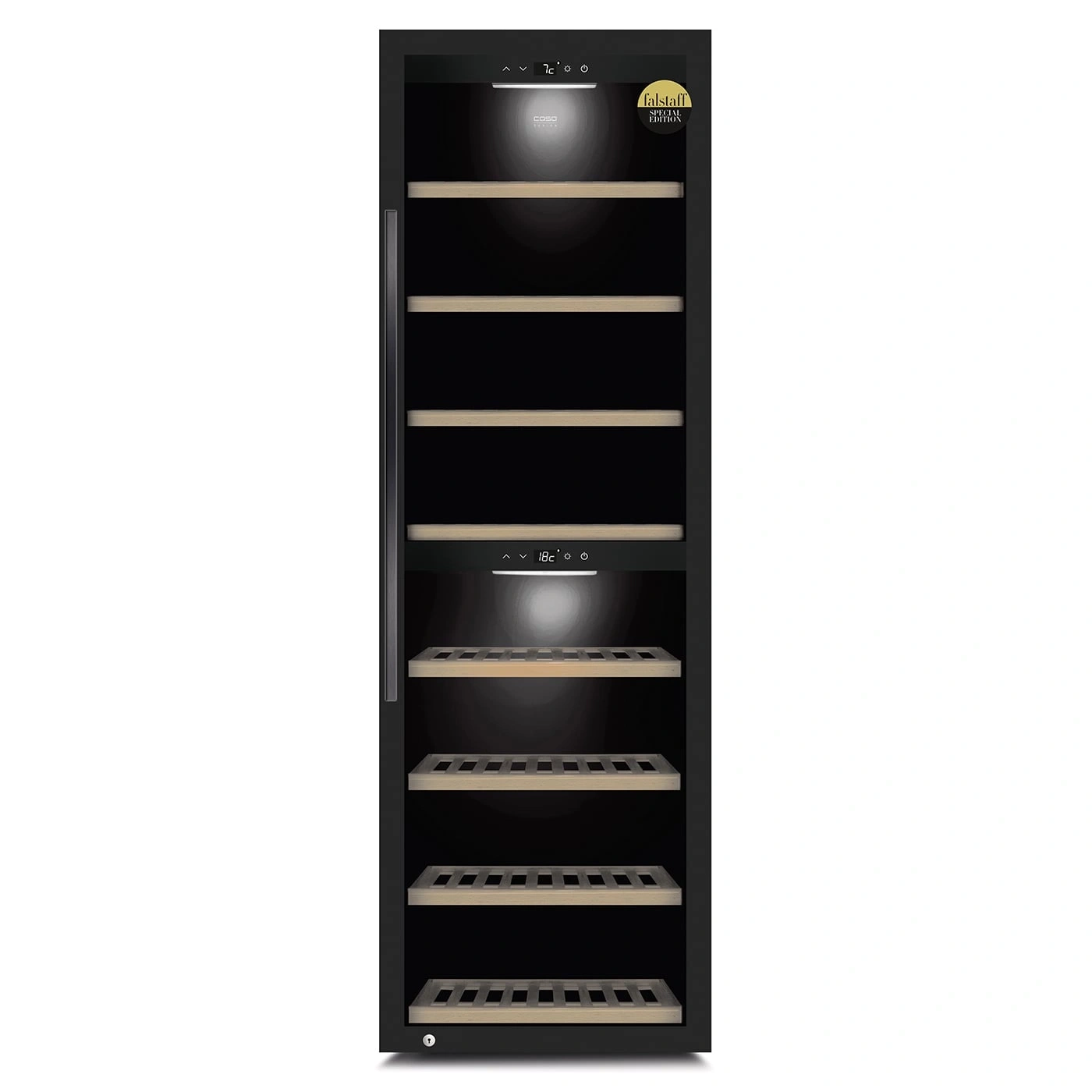 Weinkühlschrank, schwarz, mit Holzregalen, Temperaturanzeige, Falstaff Edition