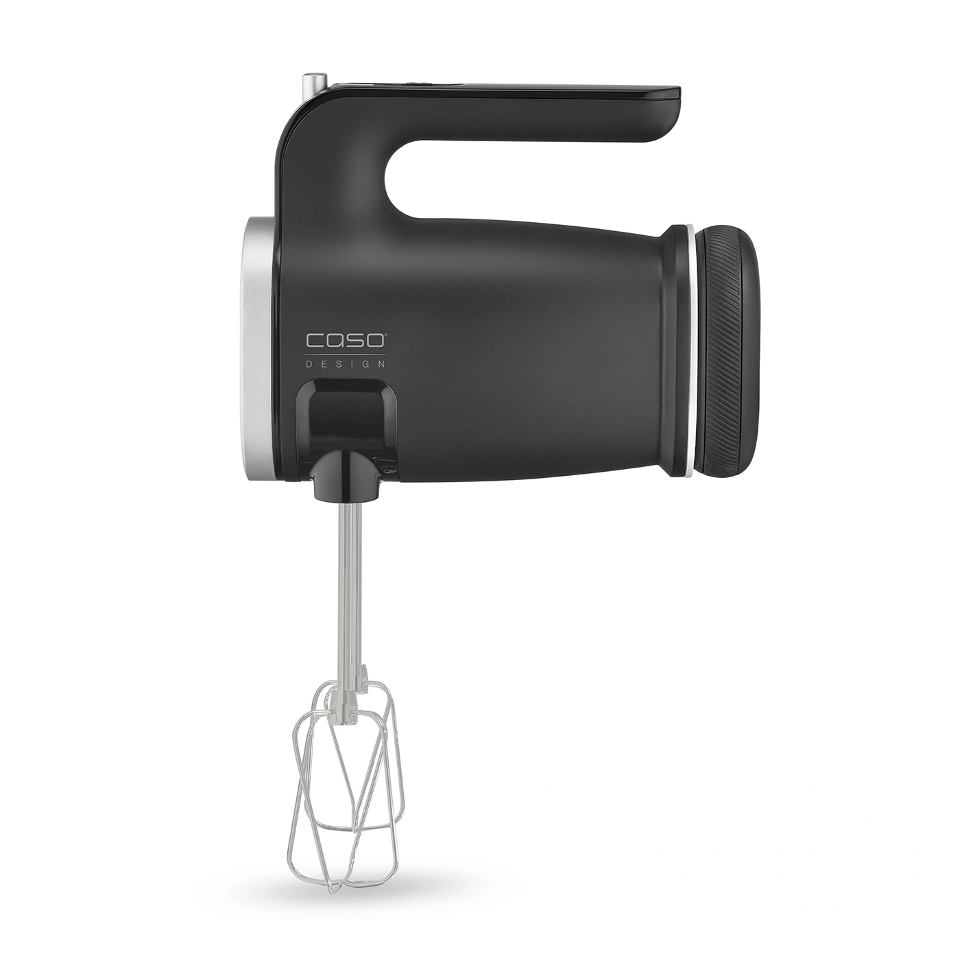 Black hand mixer with logo and whisk on a white background.