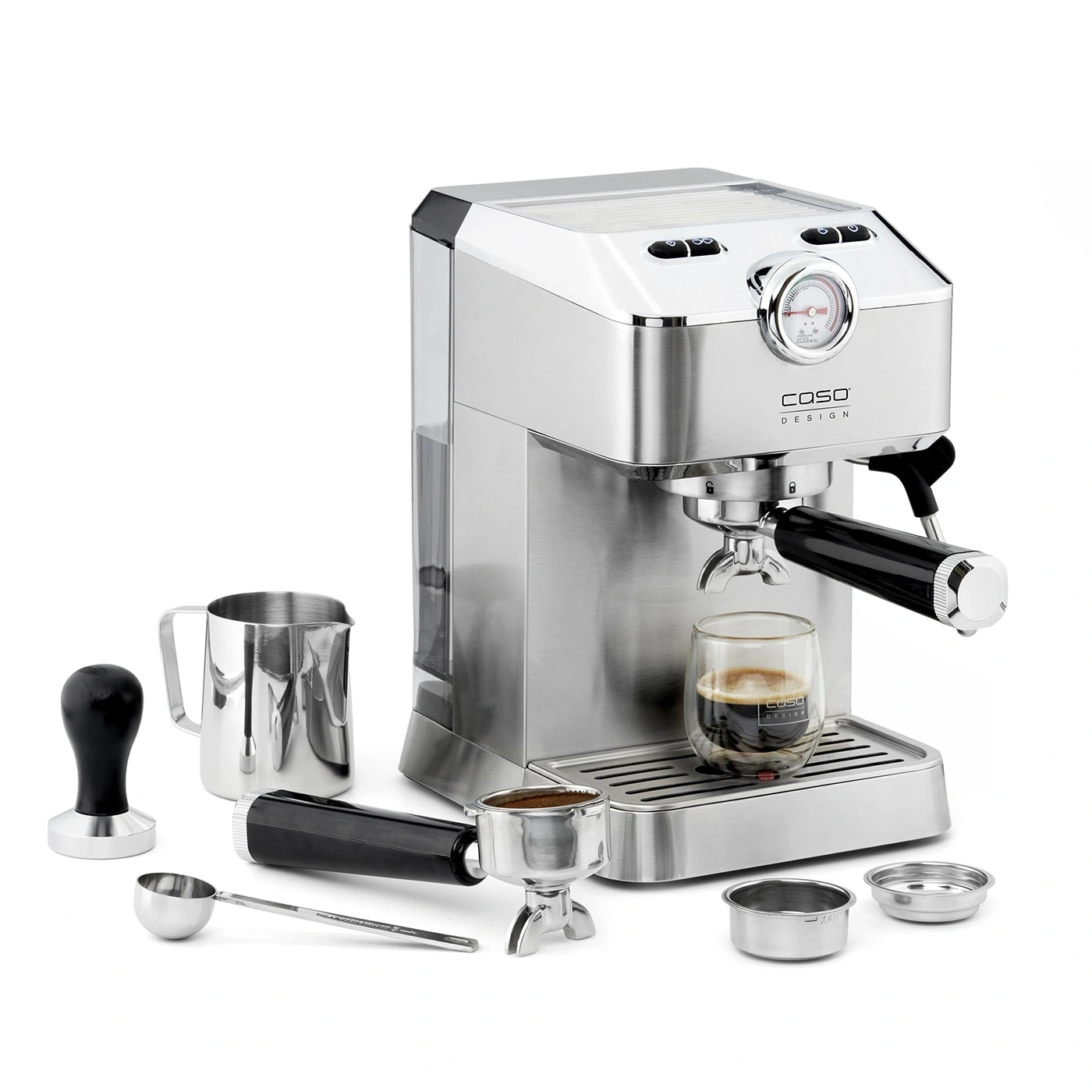 Espressomaschine mit Zubehör, Glas, Kaffee, Edelstahl, Caso Design, Getränk