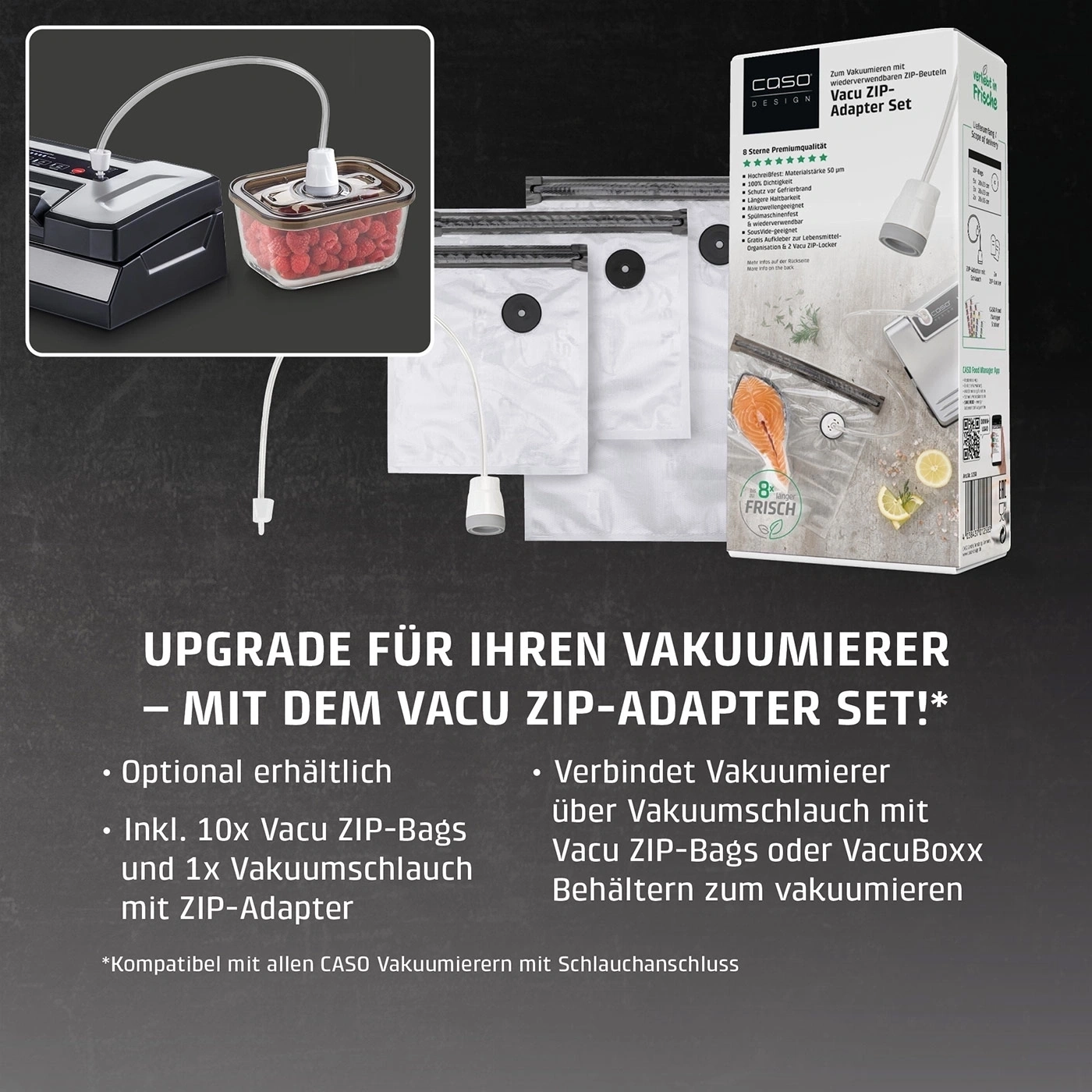 Vakuumiergerät mit Zubehör zum Frischhalten von Lebensmitteln.