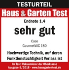 Testurteil Haus & Garten Test, Endnote 1,4, sehr gut, GourmetVAC 180, Vakuumierer