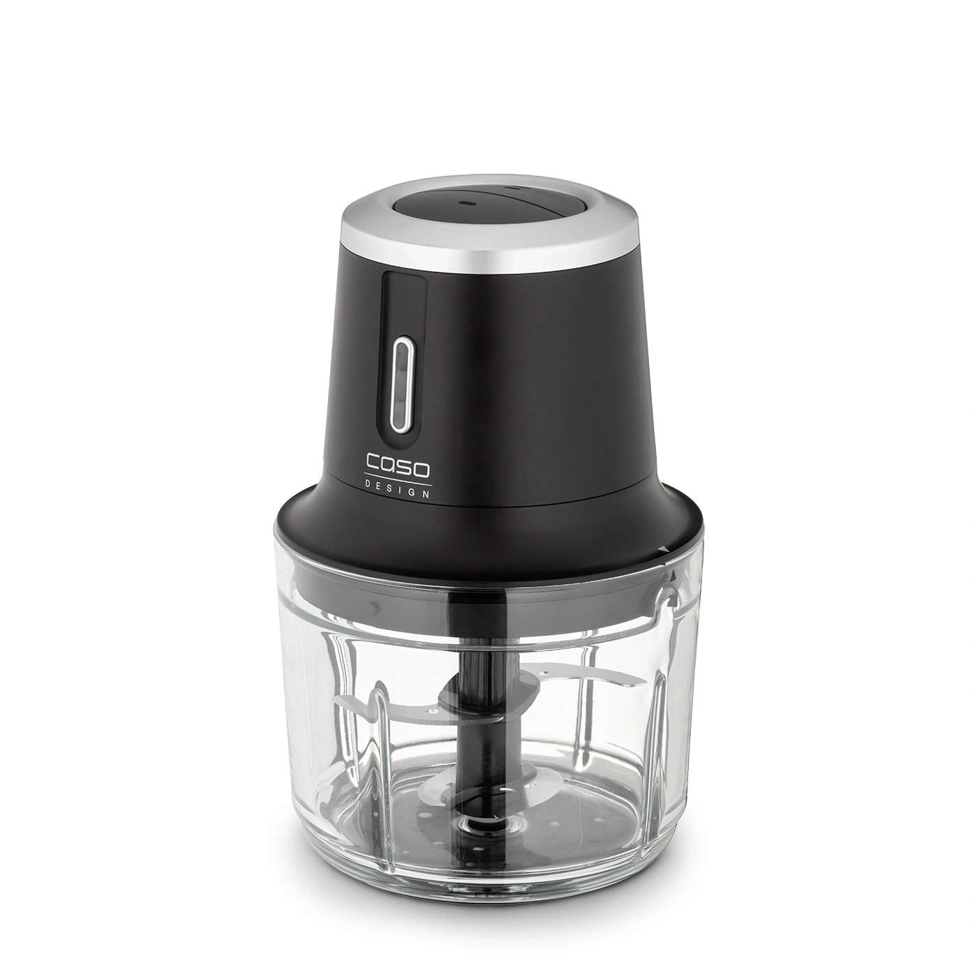 Schwarzer Küchenmixer mit Glasbehälter und Caso Design Logo.