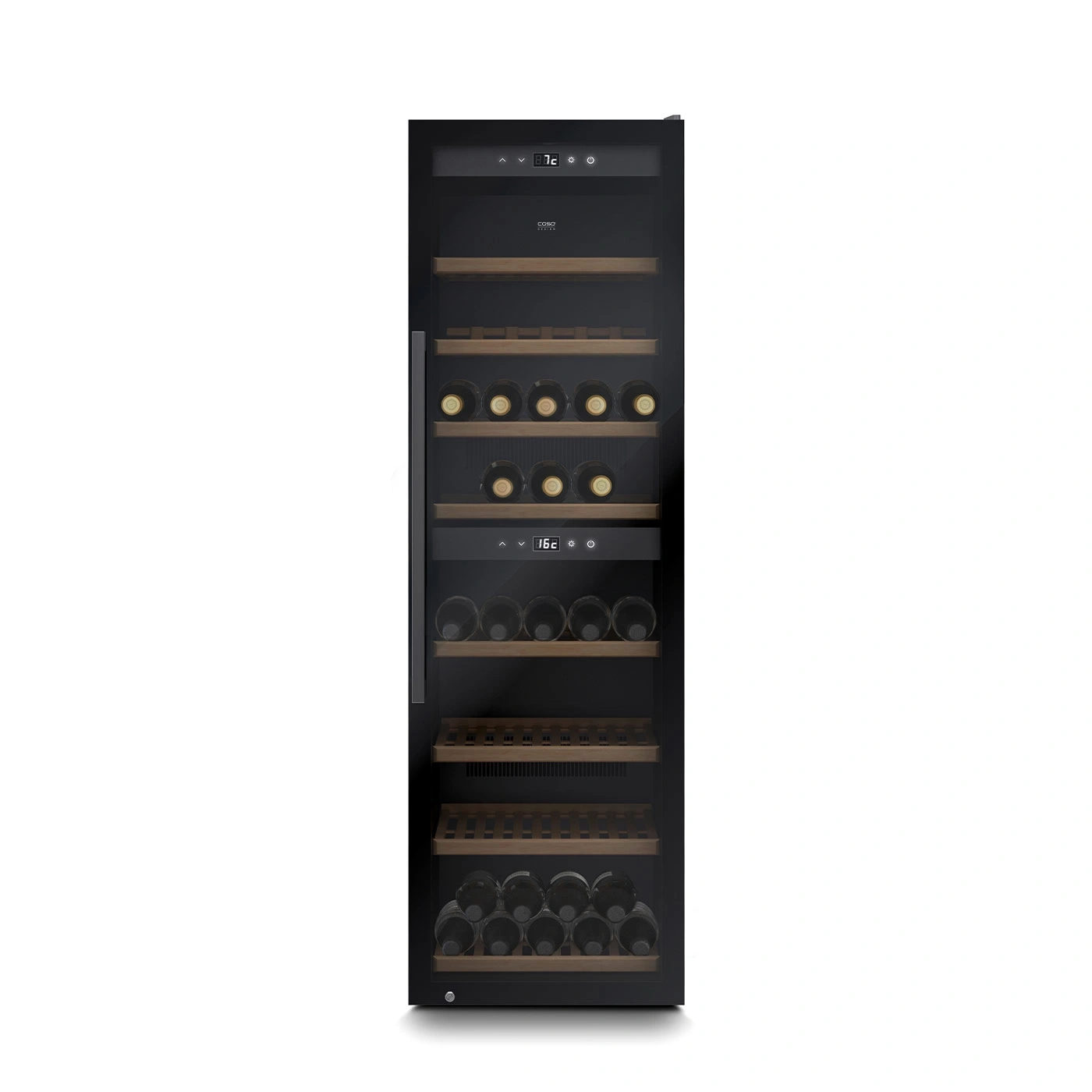 Ein moderner schwarzer Weinkühlschrank mit Glastür und Holzböden.