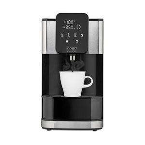 Hot water dispenser with cup, temperature display, volume display, black design, Caso brand.