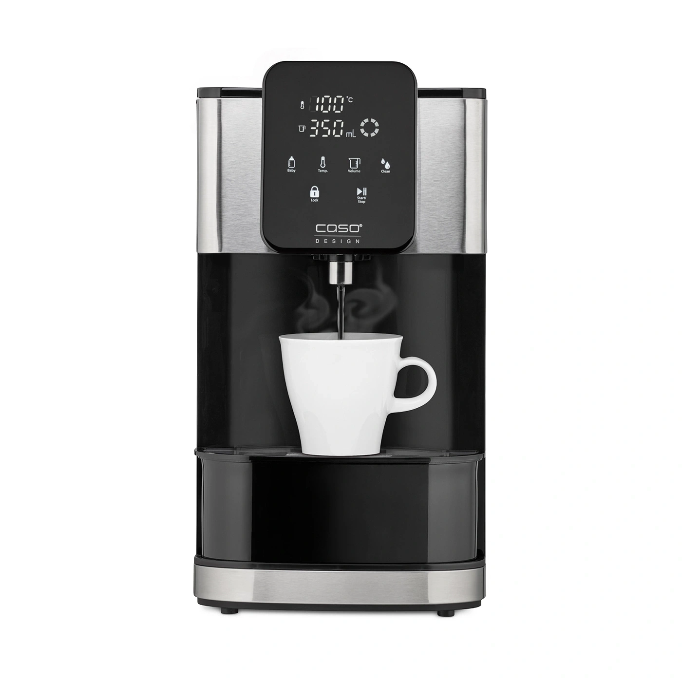 Distributeur d'eau chaude avec tasse, affichage température, volume, design noir, marque Caso.
