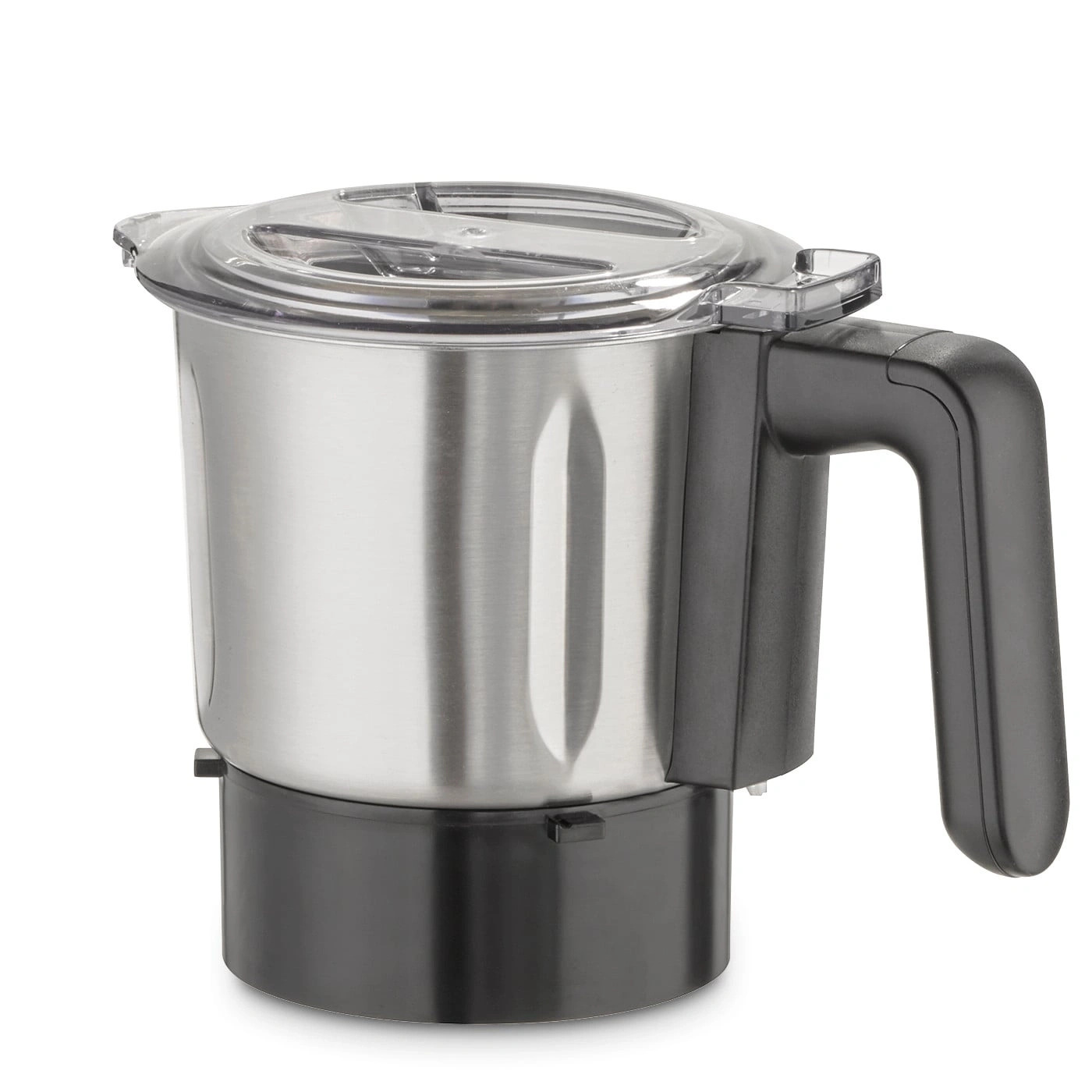 Stainless steel blender with black handle and lid, isolated on white background.