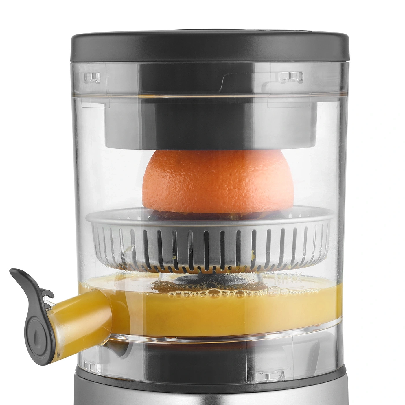 An electric juicer with an orange and fresh orange juice.