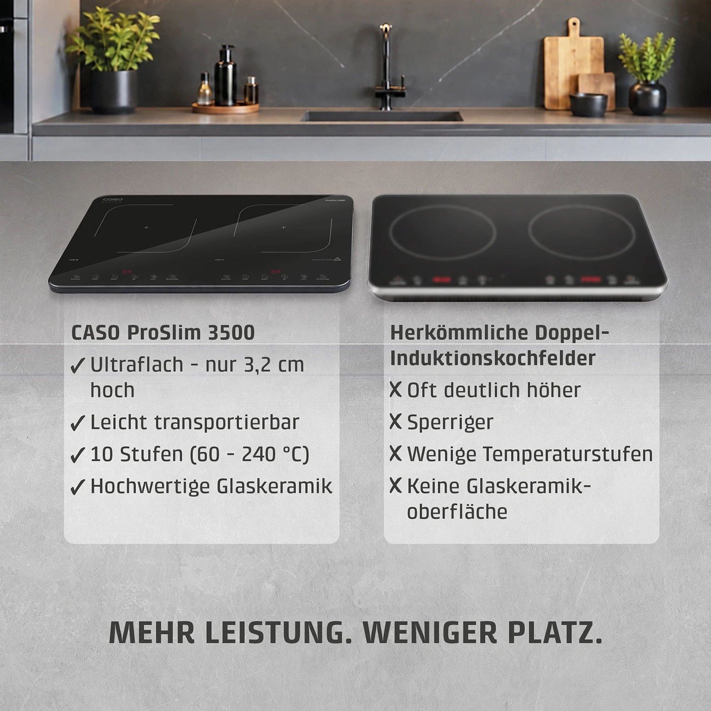 Plaque à induction CASO ProSlim 3500 vs. modèles traditionnels: mince, portable, contrôle précis, vitrocéramique.