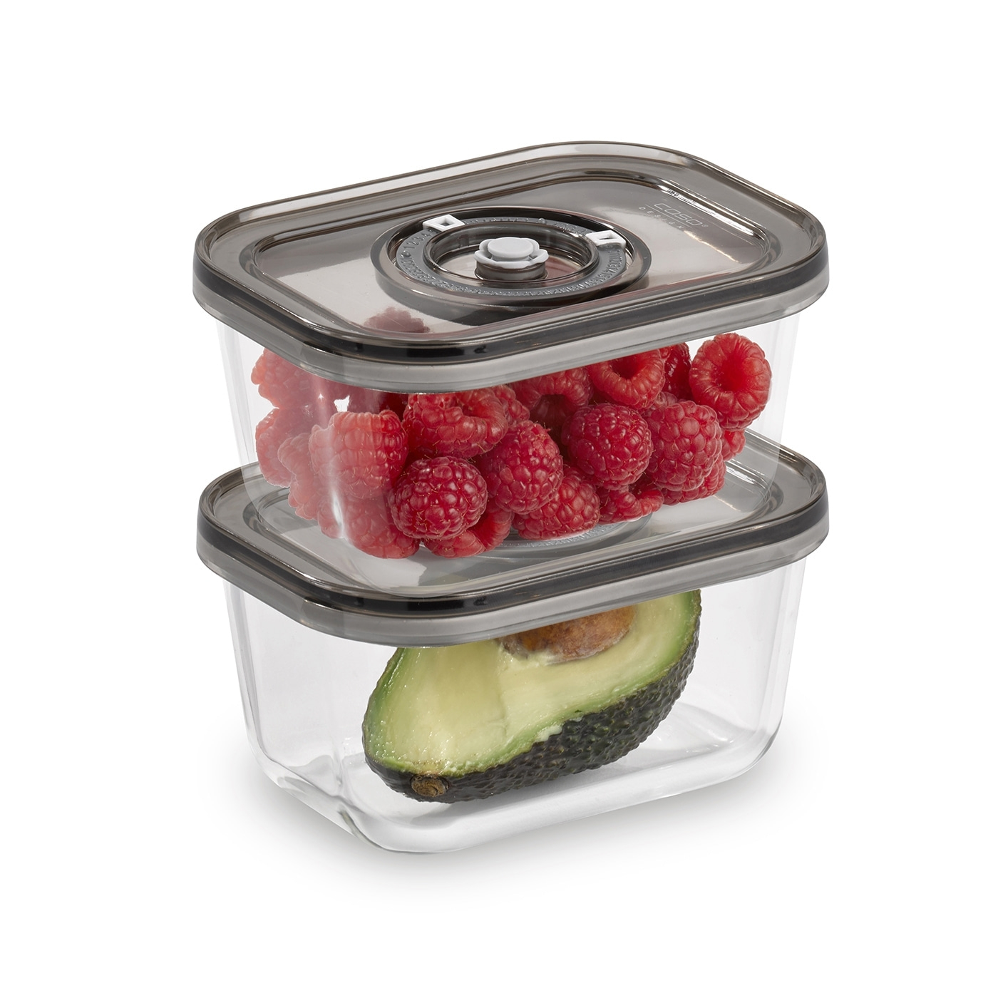 Zwei transparente Behälter mit Himbeeren und Avocado, gestapelt.