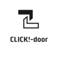 Logo with arrow and text 'CLICK!-door' on a black background.