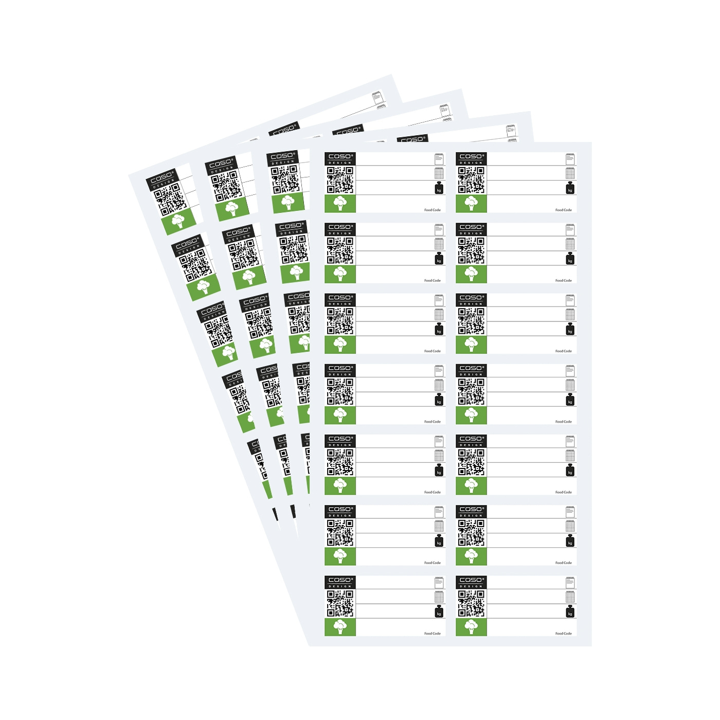 Feuilles d'étiquettes avec codes QR et champs de texte pour l'étiquetage des aliments.