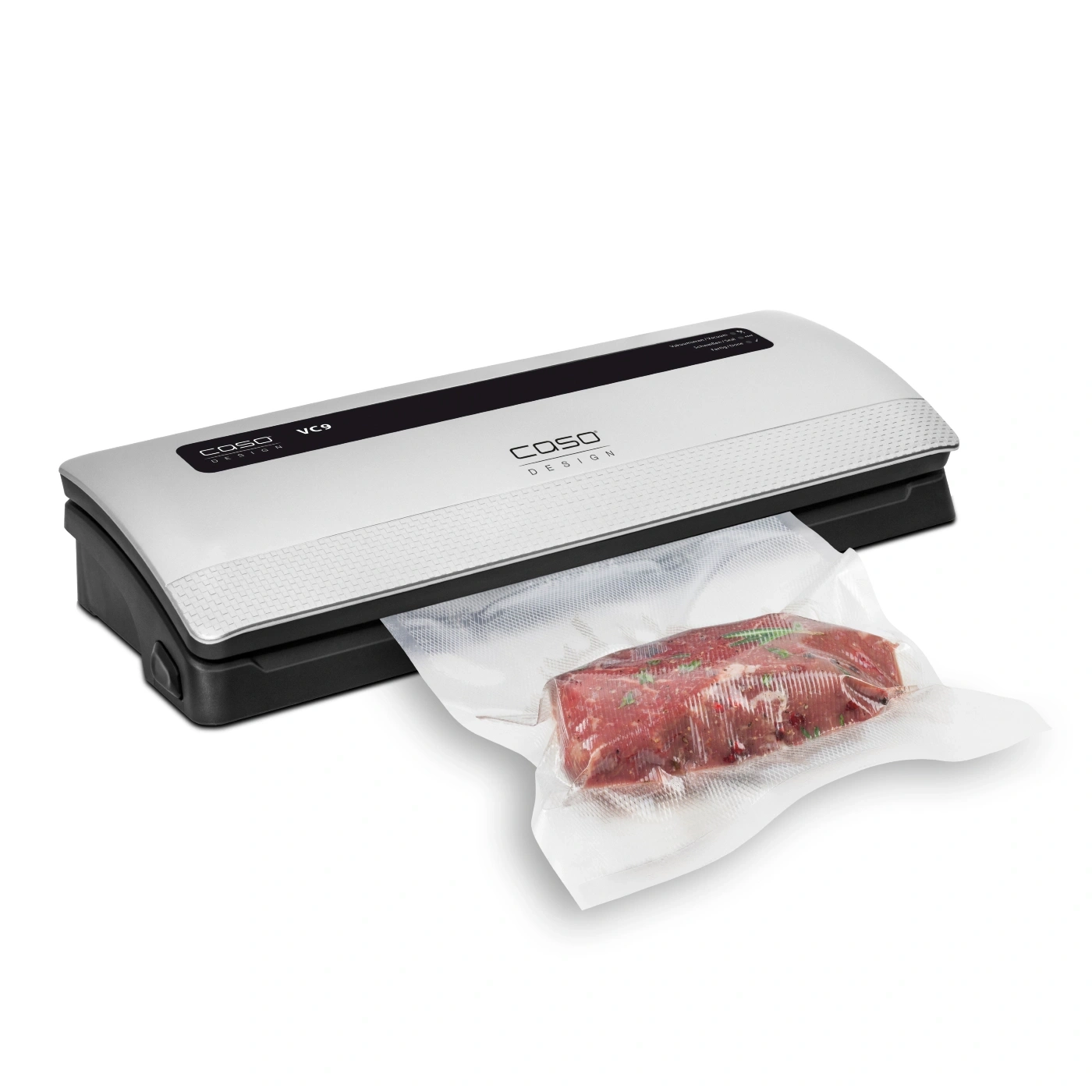Vacuum sealer with meat in a plastic bag, white background