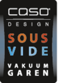 CASO Design Sous Vide Vakuum Garen Logo. Schwarz, orange, blau.