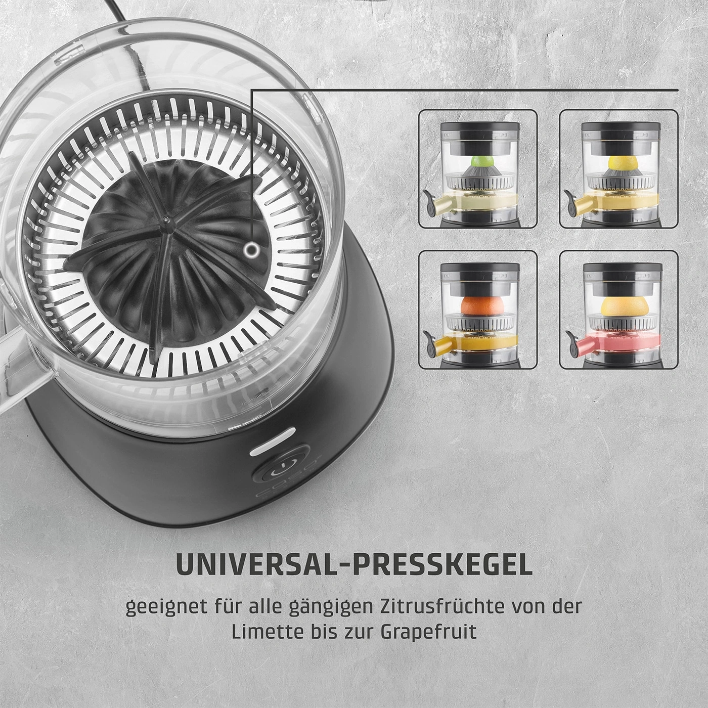 Presse-agrumes avec texte : Cône de presse universel, adapté de la lime au pamplemousse.