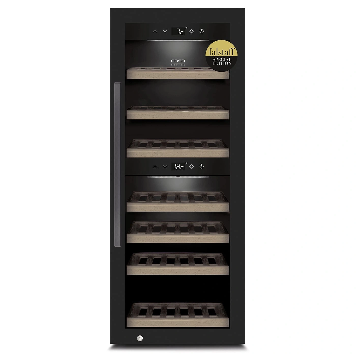 Weinkühlschrank mit Holzregalen und Temperaturanzeige, Falstaff Special Edition
