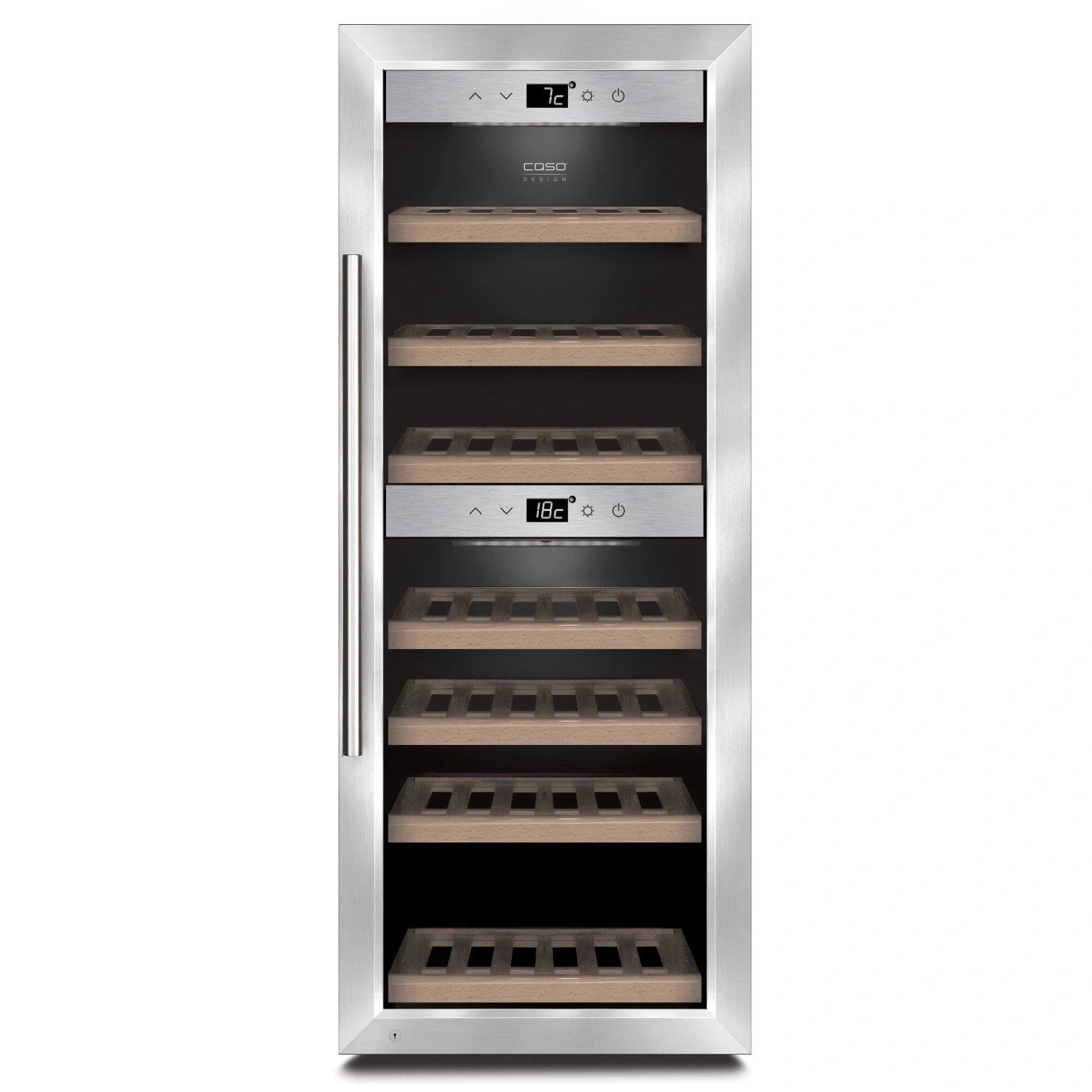 Weinkühlschrank mit Temperaturanzeige und Holzregalen, Edelstahlrahmen