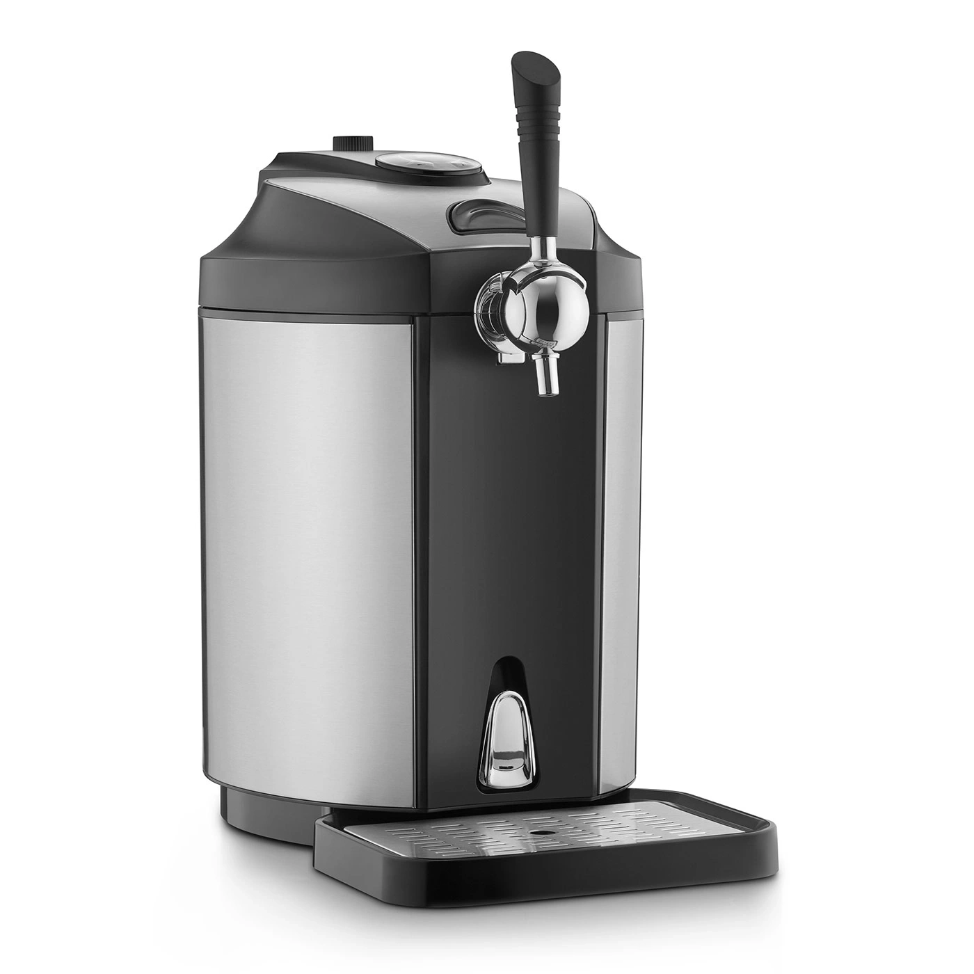 Beer cooler with tap, stainless steel and black design, isolated