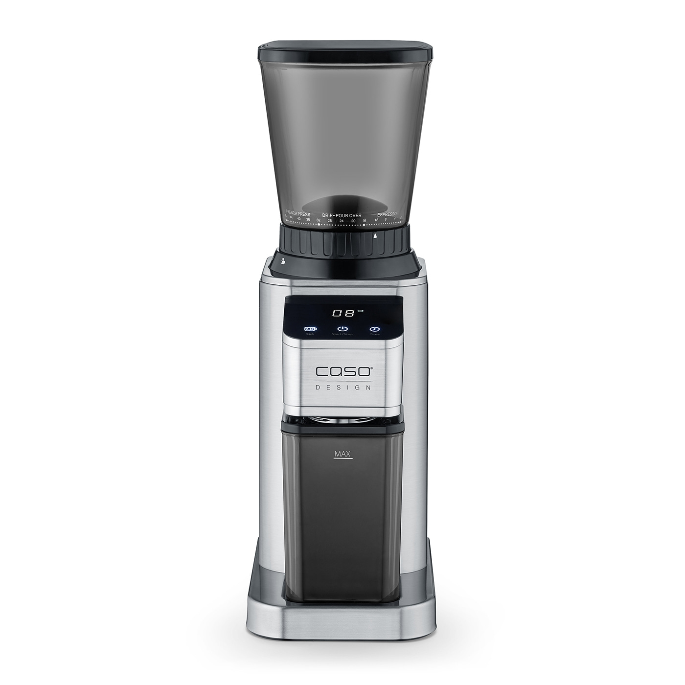Kaffeemühle, Caso Design, Edelstahl, digital, Mahlgrad, Bohnenbehälter, Kaffeepulverbehälter, modern
