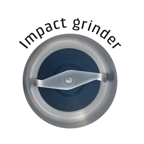 Close-up of an impact grinder with blade and text
