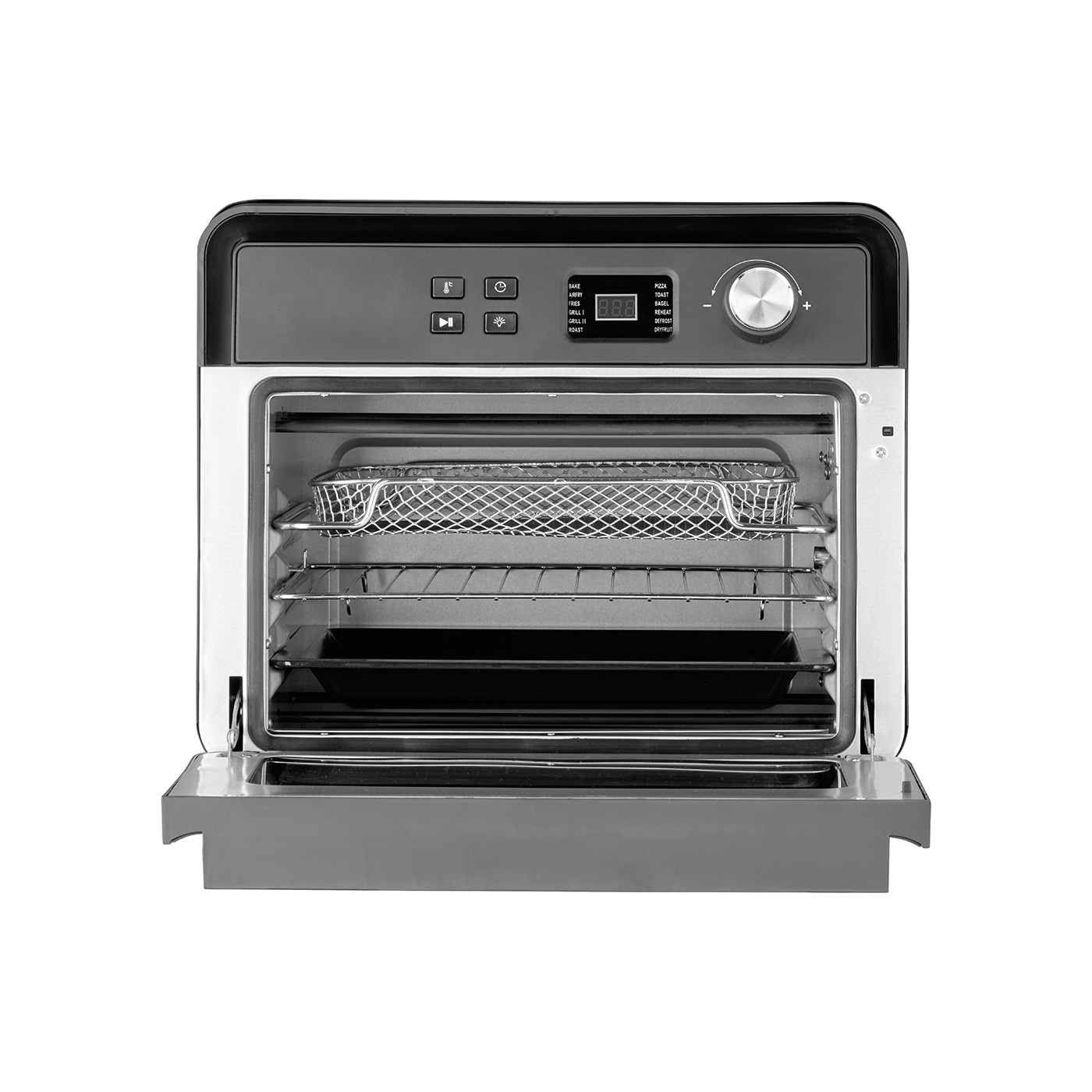 Ofen mit geöffneter Tür, Bedienfeld mit Funktionen wie Backen, Braten und Grillen.