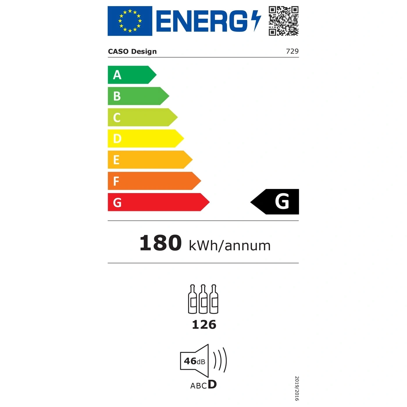 Energieetikett für Caso Design Kühlschrank, Energieeffizienz G, 180 kWh/annum