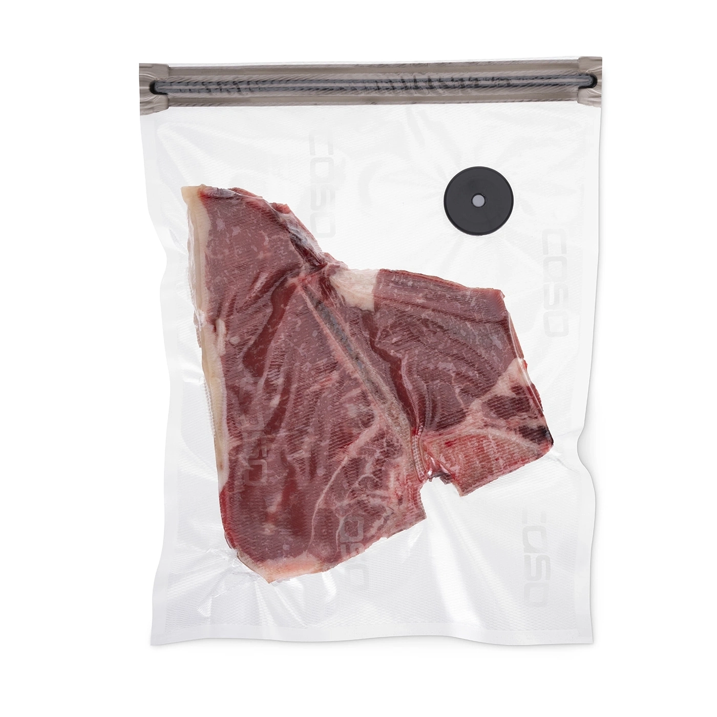 A raw steak in a vacuum-sealed bag, ready for cooking and preservation.