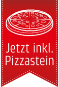 Pizza-Werbung mit Text 'Jetzt inkl. Pizzastein' auf rotem Banner mit Pizza-Illustration.